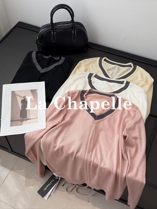 专柜实拍【绵羊毛/高质感】拉夏贝尔/La Chapelle设计感抽绳系带针织衫女秋季新款撞色V领长袖上衣 商品图3
