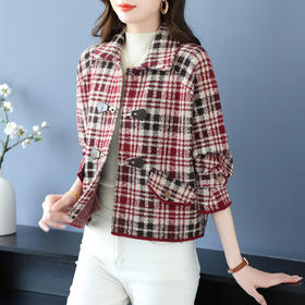 YY-2719-268小香风毛呢短外套女士2025春秋冬季新款洋气时尚翻领格子开衫女