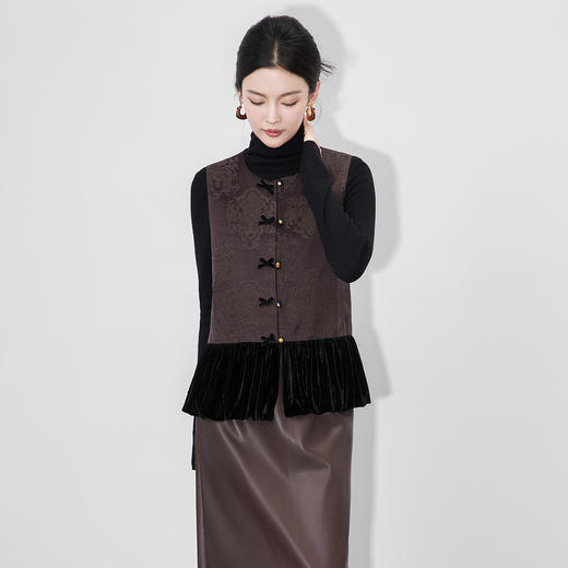 「高货wl」全新升级【铂金会员330/天猫439/差价109】(15459)洛诗琳新中式提花拼接丝绒马甲2025秋季衣显瘦国风上衣 商品图1