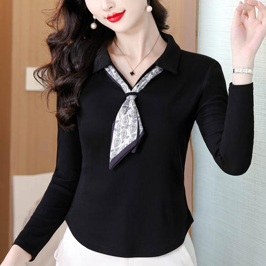 KQL 355h8307法式气质配丝巾长袖T恤修身显瘦洋气上衣 商品图0
