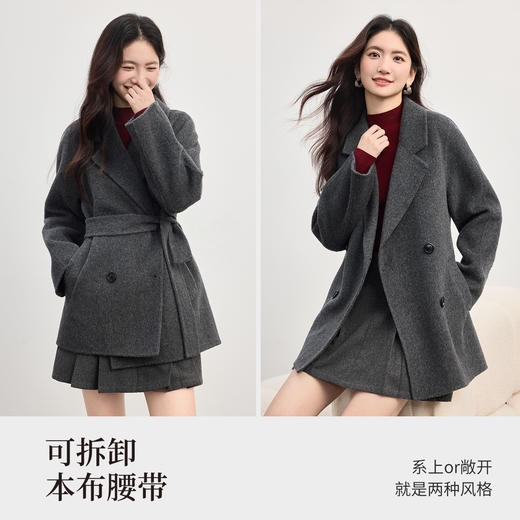 【10/1新品】熙世界100.绵羊毛西装式毛呢大衣女2025秋冬新款双排扣双面呢外套 商品图2