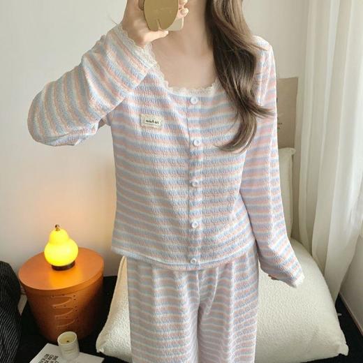 【色织条纹睡衣】2025新款简约休闲风女生春秋季长袖带胸垫家居服套装 商品图2