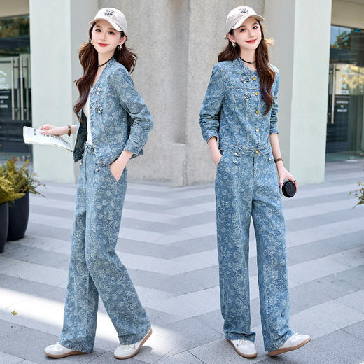 提花时髦牛仔休闲显瘦干练女神减龄两件套 商品图3