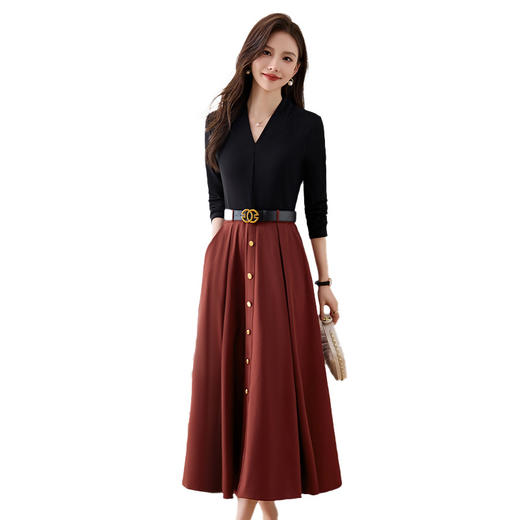 XRZ5235高端精致洋气撞色拼接连衣裙女2024年春秋新款收腰显瘦百搭长裙子 商品图4