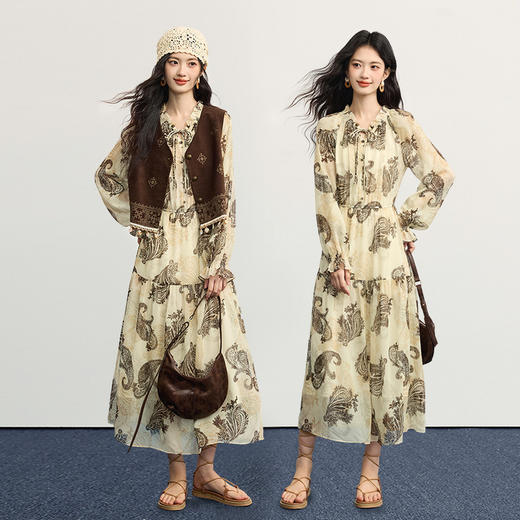 【10/1新品】熙世界佩斯利腰果印花连衣裙女秋季内搭吊带裙复古长袖裙子两件套 商品图1