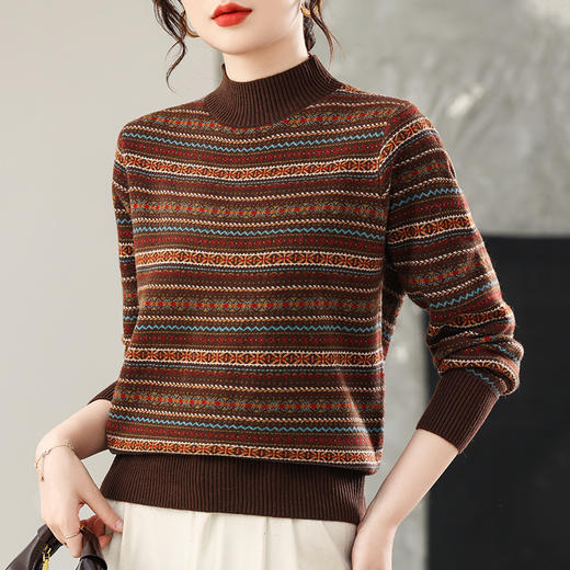 CC 25348复古条纹针织衫漂亮减龄上衣半高领宽松大码 商品图3