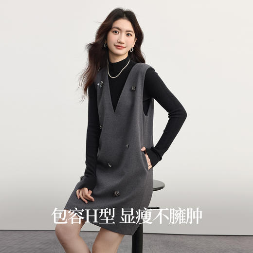 【10/1新品】熙世界千金小香风背心连衣裙女秋季通勤立体花朵无袖V领灰色裙子 商品图1