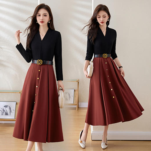 XRZ5235高端精致洋气撞色拼接连衣裙女2024年春秋新款收腰显瘦百搭长裙子 商品图3