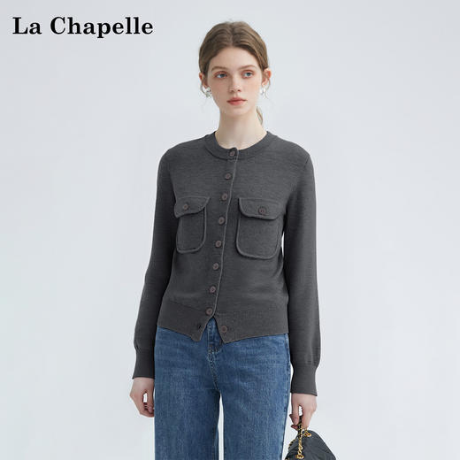 天猫同步【软糯绵羊毛】拉夏贝尔/La Chapelle高级简约双口袋纯色针织开衫女宽松圆领长袖毛衣 商品图4