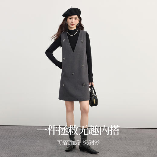 【10/1新品】熙世界千金小香风背心连衣裙女秋季通勤立体花朵无袖V领灰色裙子 商品图2
