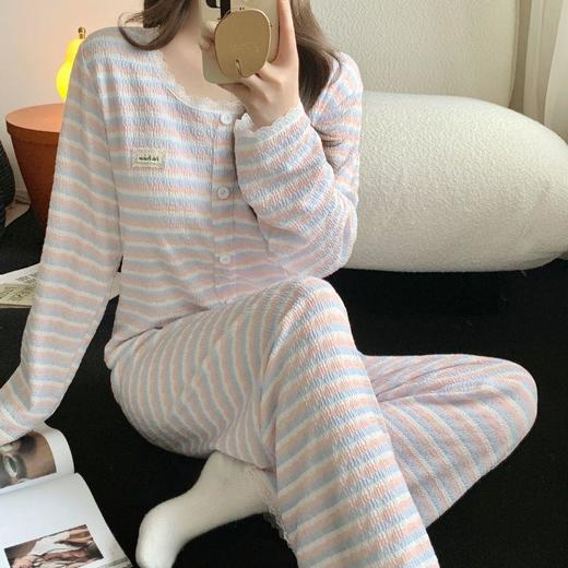 【色织条纹睡衣】2025新款简约休闲风女生春秋季长袖带胸垫家居服套装 商品图3