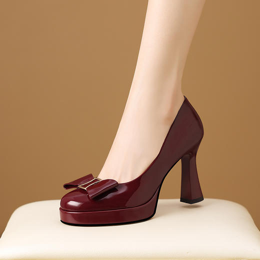 【预售5天】漆皮防水台高跟鞋圆头蝴蝶结浅口单鞋女小个子新款秋季时尚真皮鞋HY&H3707 商品图0