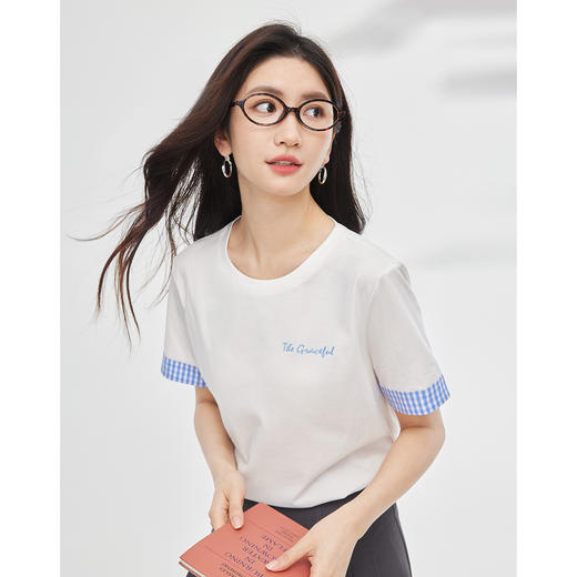 【周末秒杀】熙世界休闲运动风正肩T恤女夏季设计感格纹短袖体恤全棉圆领上衣 商品图2