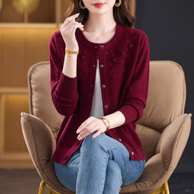 rq1053香迪莎新款圆领纯羊毛针织开衫女中年妈妈大码洋气设计感毛衣外套