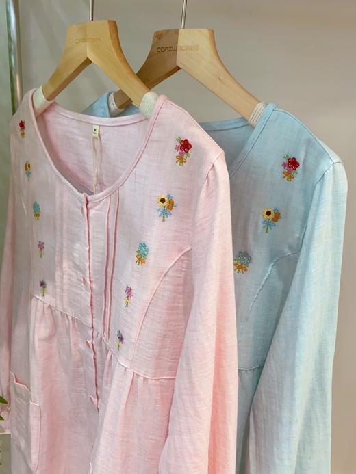 松植屋【静晓】女士圆领长袖长裤套装女款双层纱小花刺绣睡衣家居服 商品图7