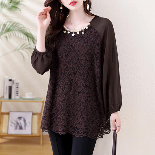 KQLA56N8126洋气拼接蕾丝衫女秋季新款宽松上衣2025年大码欧洲站气质罩衫 商品图0