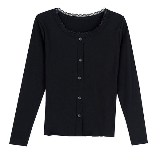 KQL 355H8306纯色花边圆领长袖T恤简约单排扣洋气显瘦上衣 商品图4