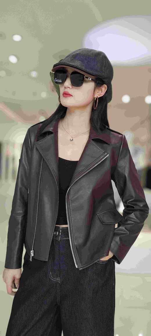 583251斜拉链羊皮机车外套 商品图3