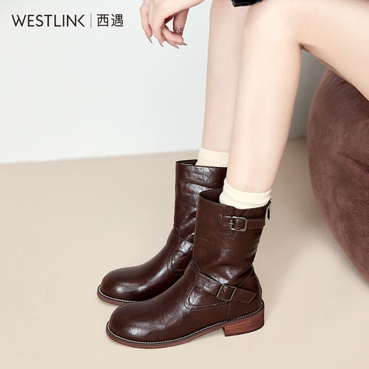 西遇英伦风机车靴女新款秋冬搭扣中筒骑士靴低跟圆头黑色短靴D3747706 商品图1