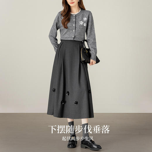 【10/1新品】熙世界「一路生花」立体花朵灰色半身裙女秋冬新款中长款a字裙子 商品图2