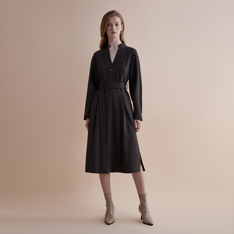 【JASON WU】夏季新款羊毛立领收腰长袖衬衫式裙子长裙连衣裙