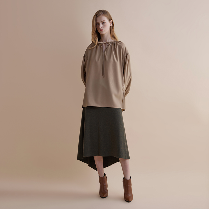 【JASON WU】春夏新款休闲V领系带绵羊毛减龄上衣中长款衬衣衬衫