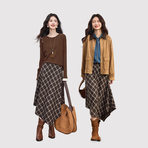 【10/1新品】熙世界不规则剪裁格纹半身裙女秋冬2025新款高腰显瘦复古磨毛裙子 商品图2