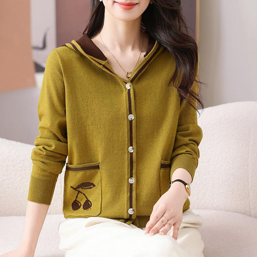 W310-710-88-1382025新款中年妈妈春秋装口袋外套洋气连帽上衣女宽松大码针织开衫 商品图1