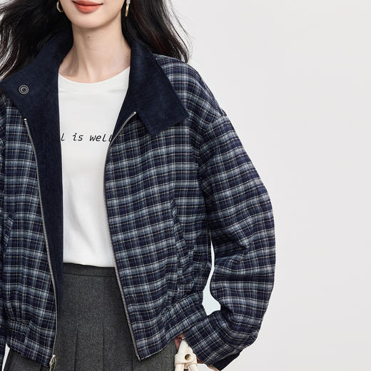 【10/1新品】熙世界正反两穿花苞棒球服夹克女2025秋冬新款复古撞色格纹短外套 商品图3