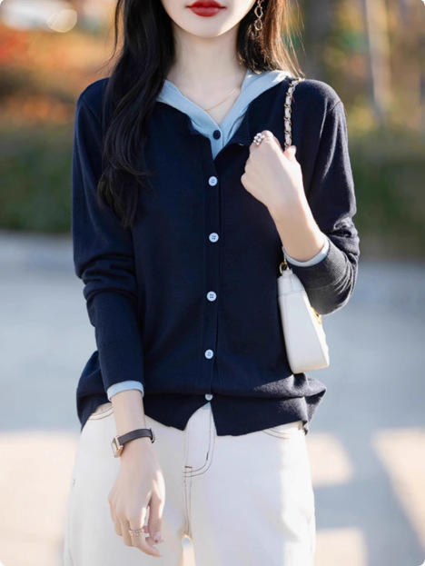 秋季新款【撞色假两件连帽】慵懒风 时尚气质设计感精纺羊毛毛衣开衫  商品图4