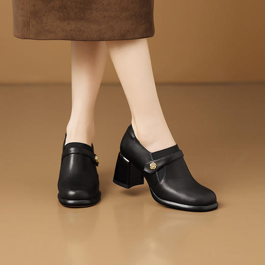 【预售5天】法式真皮圆头粗跟高跟鞋，舒适百搭单鞋防水台小皮鞋HY&H3730 商品图2