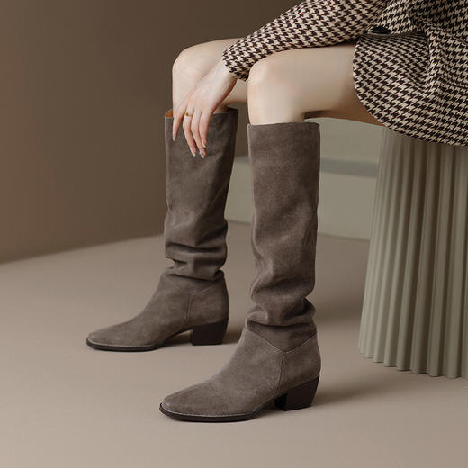 【预售7天】真皮新款尖头褶皱堆堆长筒靴女秋冬显瘦粗跟西部牛仔靴骑士靴长靴SY&G1063-1 商品图2