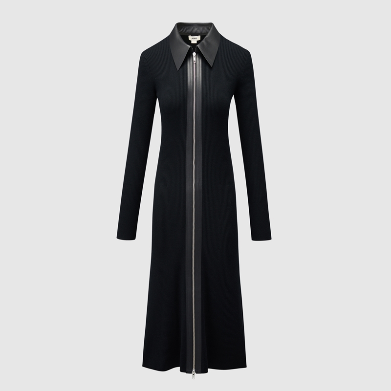 【JASON WU】春季新款新中式羊毛针织拼皮撞色连衣裙