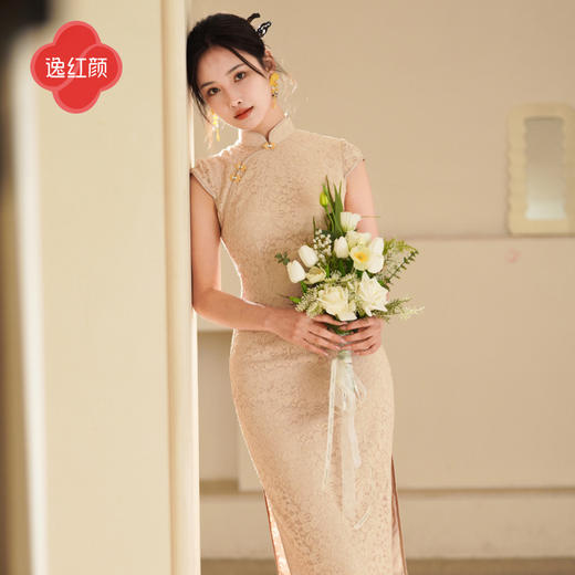 逸红颜金樱2025夏新款十足女人味极简风金丝高弹蕾丝修身改良旗袍 商品图3