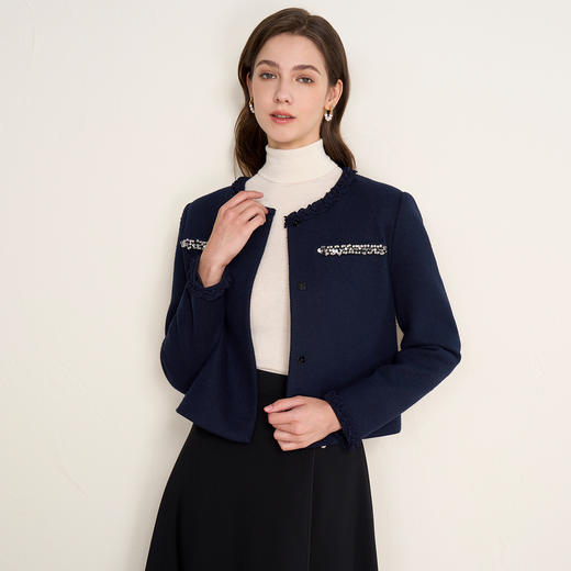 EITIE爱特爱优雅通勤小香风气质圆领深蓝色短外套2025秋冬新款D2503901 商品图3