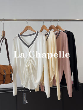专柜实拍【绵羊毛/高质感】拉夏贝尔/La Chapelle设计感抽绳系带针织衫女秋季新款撞色V领长袖上衣
