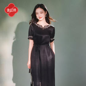 逸红颜墨琳2025夏新款25姆弹力真丝香云纱刺绣钉珠新中式连衣裙女