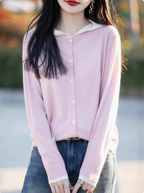 秋季新款【撞色假两件连帽】慵懒风 时尚气质设计感精纺羊毛毛衣开衫  商品图3