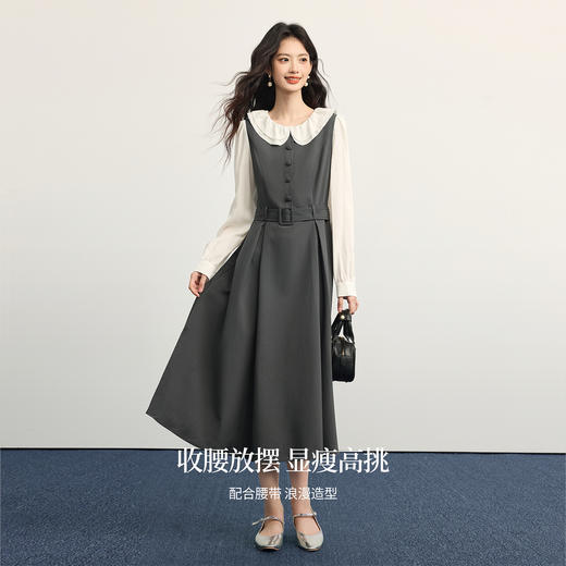 【10/1新品】熙世界格雷系荷叶领假两件连衣裙女长袖灰色通勤收腰裙子2025秋款 商品图3