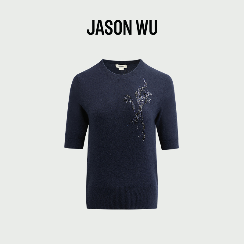 (山羊绒)【JASON WU】(多色)25年秋季新款手工钉珠套头圆领短袖上衣针织衫