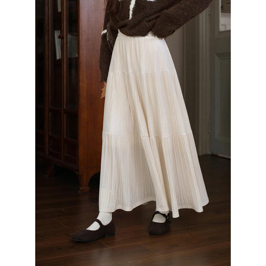 鹿向南「浅蜜柔光」法式气质杏色半身裙女秋季A字显瘦百褶中长裙 商品图0