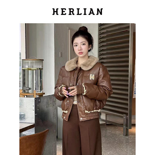 HERLIAN 冬季新品蕾丝边毛毛领羽绒服 短款外套女 商品图3