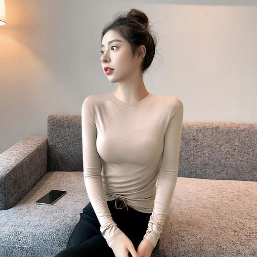 【买一送一】圆领黑色打底衫女螺纹春秋冬季西装内搭修身洋气长袖T恤针织上衣 商品图9