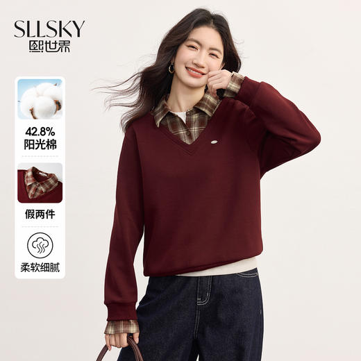 【10/1新品】熙世界朗姆酒红假两件卫衣女2025秋装新款复古撞色格纹POLO领上衣 商品图0