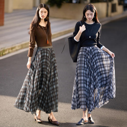 【10/1新品】熙世界【都市旅人】复古格纹半身裙女秋季高腰垂感百褶裙a字长裙 商品图2