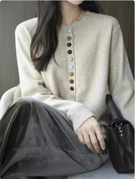 秋冬【厚小香圆领毛衣外套】宽松短款洋气针织衫 风彩色纽扣开衫上衣  商品图2