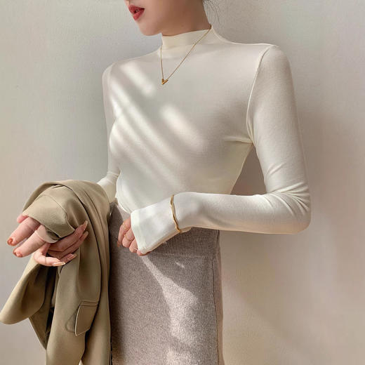 【买一送一】莫代尔黑色半高领打底衫女春秋内搭修身面膜长袖t恤中领薄款上衣 商品图0