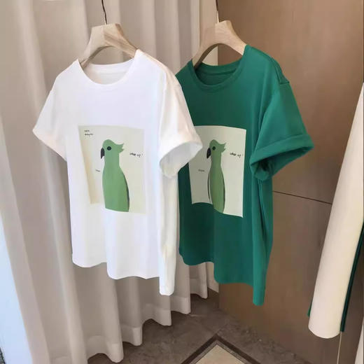 【断码清仓，无退换】外贸大厂出品！品质感爆棚~清新鹦鹉印花长绒棉圆领短袖T恤女春夏！ 商品图1