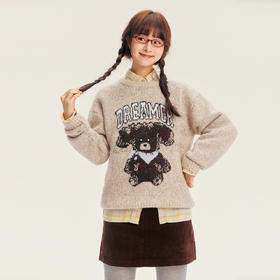 笛莎Deesha青少年女童毛衣2025冬季女童大图案宽松圆领套头毛衣