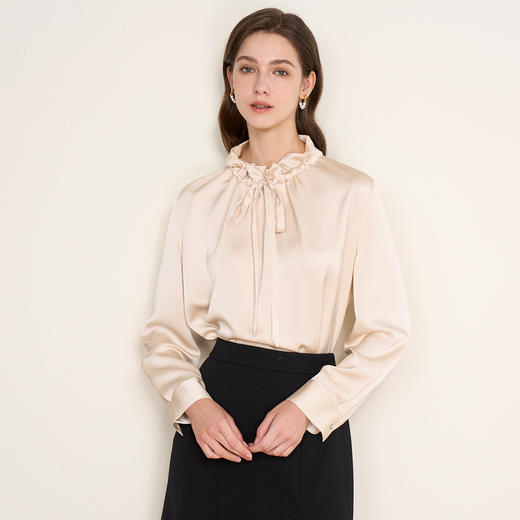 【紫色缎面衬衫】EITIE爱特爱气质抽绳木耳领直筒显瘦2025秋新款上衣C2513826 商品图7